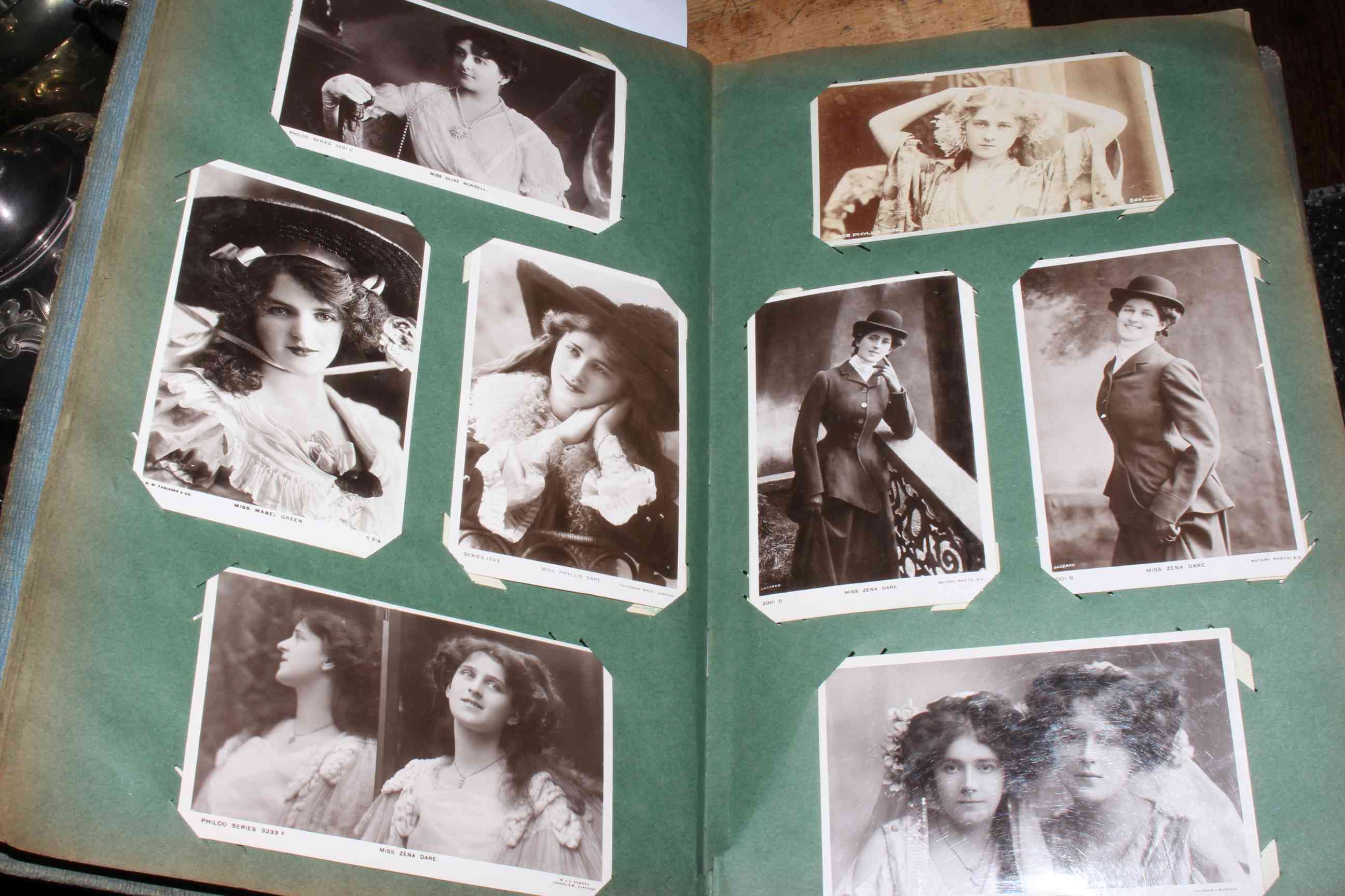 Edwardian postcard album housing theatrical actresses and actors.