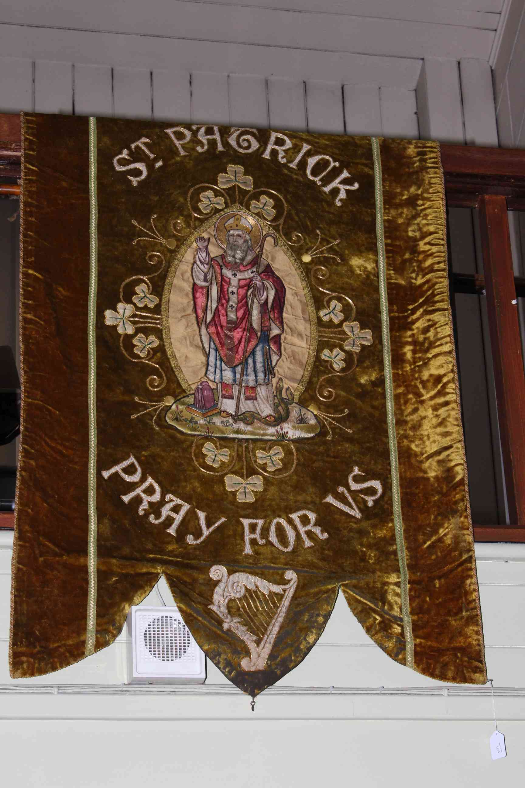 Ecclesiastic chenille wall hanging/banner 'St. Patrick Pray for Us', 1.30 by 0.84.