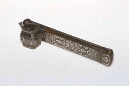 Antique silver inlaid Islamic scholars travelling pen and ink case, length 21cm.