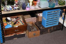Various boxes of tools, screw chest, etc.
