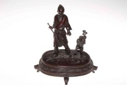 Meiji Period Japanese bronze group of a monkey trainer, raised on oval base with shaped feet,