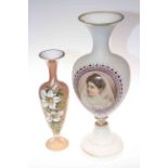 Two Victorian glass vases, one with portrait of a lady, 47cm and 35cm.