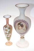 Two Victorian glass vases, one with portrait of a lady, 47cm and 35cm.