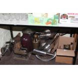 Vintage crimping machine, six graduated grain scoops, vintage pans, coffee grinders,