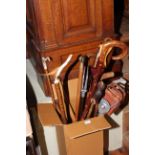 Collection of walking sticks, shooting sticks, two wood boxes, silver plate tureen,