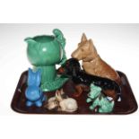 Beswick Dachshund and cat group, two Sylvac dogs, rabbit and pixie jug.