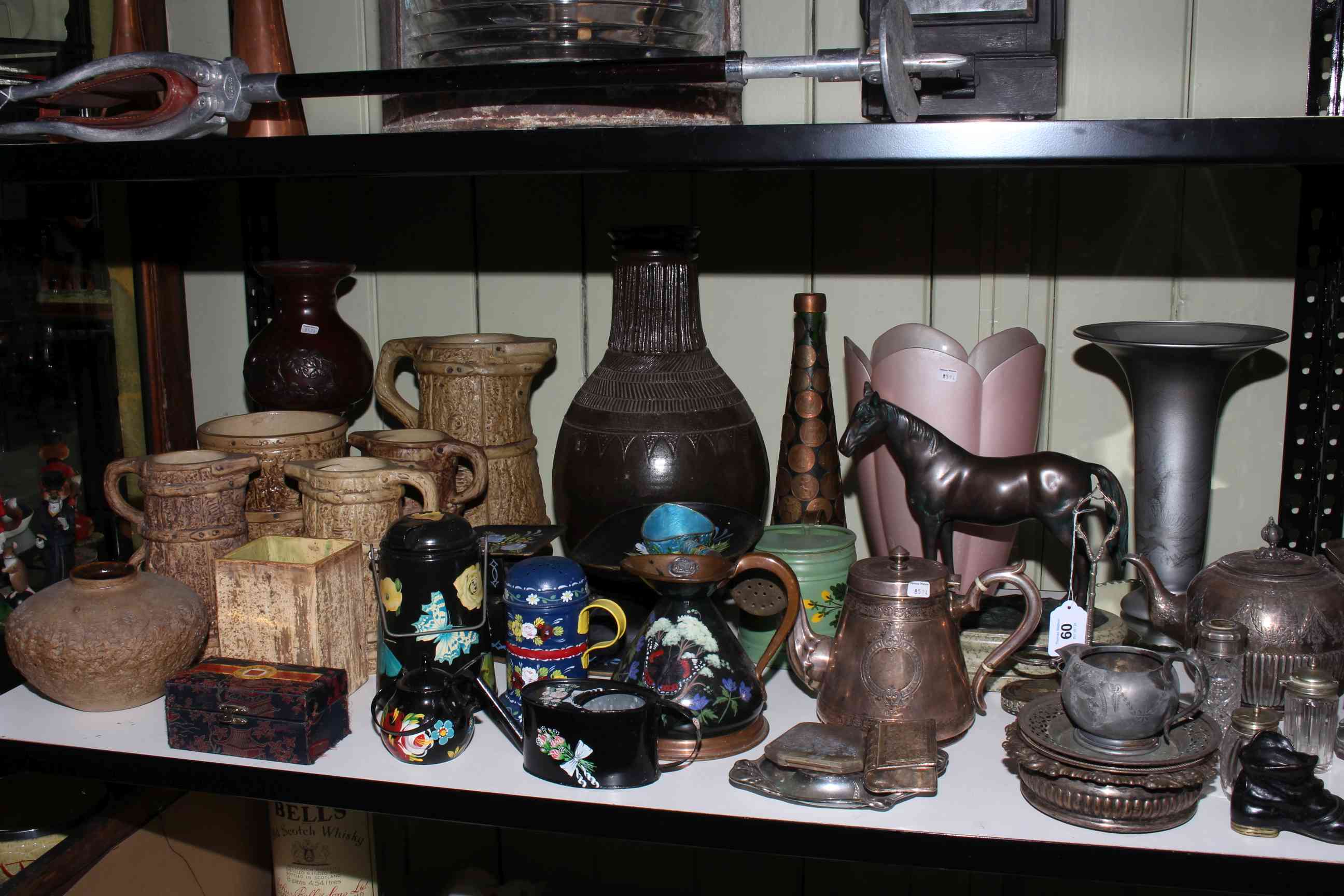 Shelf collection of stoneware, metalwares including teapot, milk churn, door stopper, - Image 2 of 3