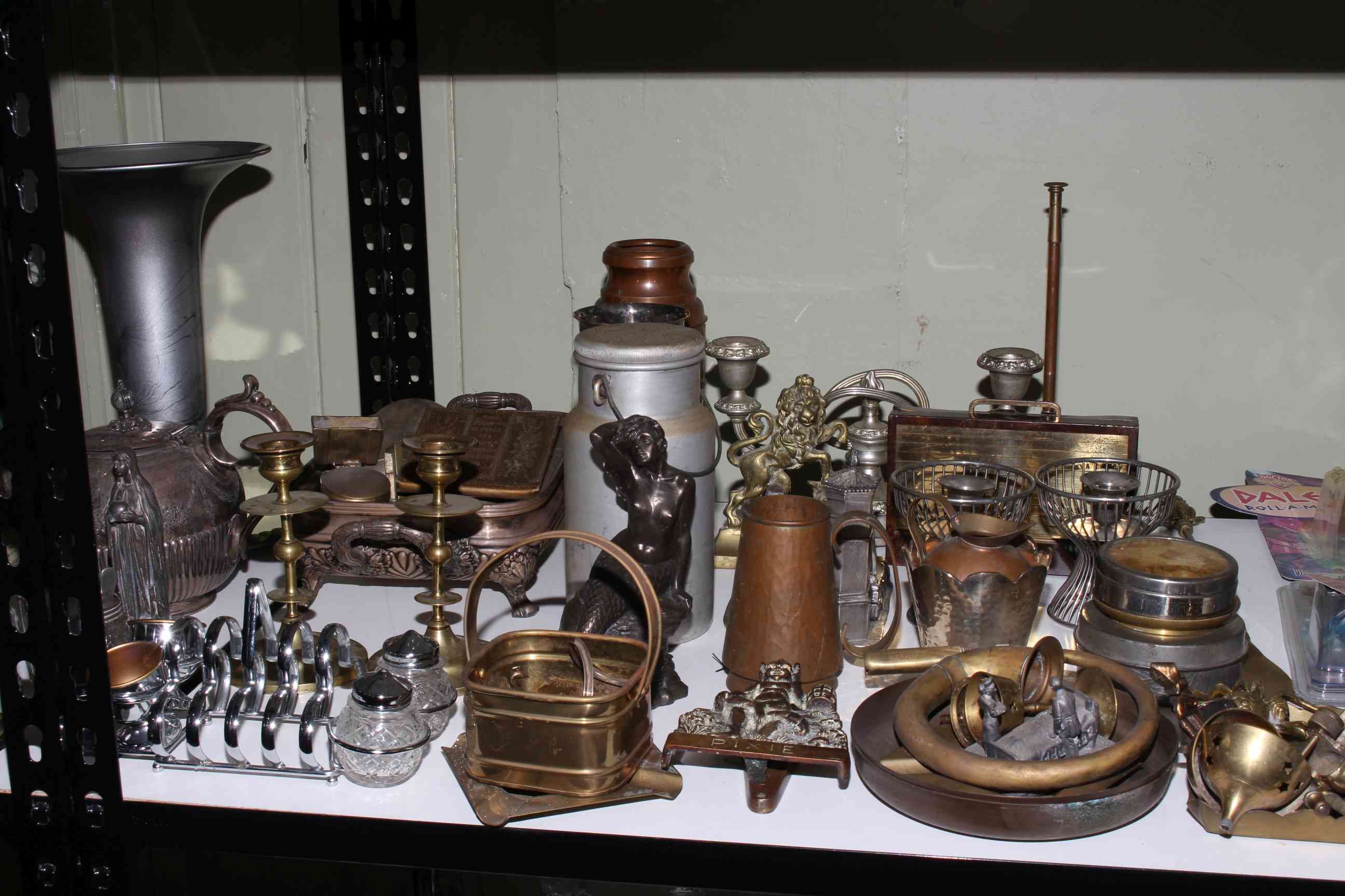 Shelf collection of stoneware, metalwares including teapot, milk churn, door stopper, - Image 3 of 3