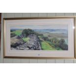 Judith Bromley, Hadrians Wall, pastel, signed lower left, 31cm by 73cm, in gilt glazed frame.
