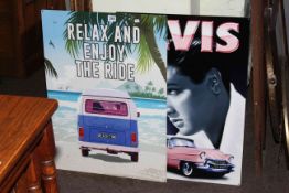 Two signs, Relax and Enjoy the Ride and Elvis.