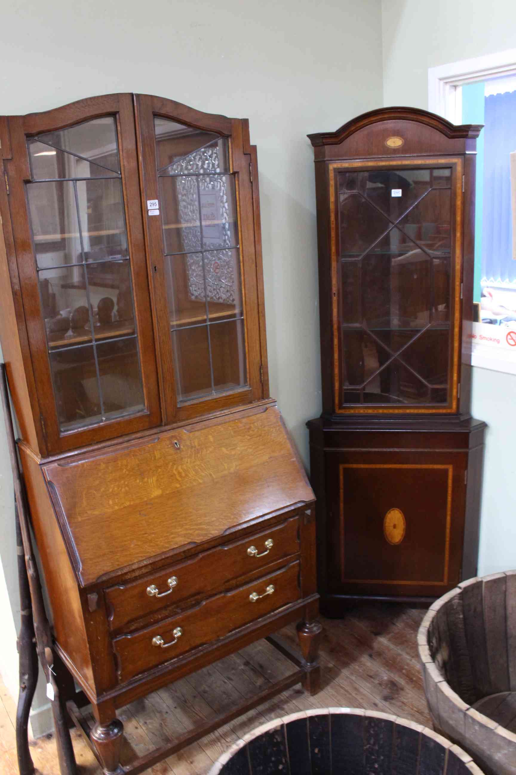 Oak leaded glazed door top bureau bookcase and inlaid mahogany astragal glazed door top standing