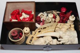 Part set of Staunton ivory chess pieces (18) and other ivory pieces.