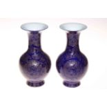 Pair Chinese vases having gilt line decoration of butterflies on blue ground, seal mark to base, 23.