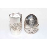 Chinese silver beaker with dragon decoration and a pierced silver egg (2).