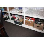 Seven boxes of glass and china, costume jewellery, etc.