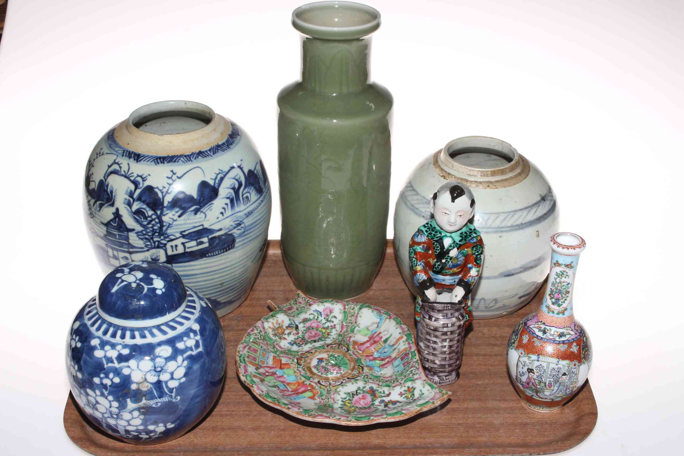 Tray of Chinese ceramics including vases, ginger jar, figure, dish, etc.