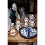 Collection of china and glass including antique tea bowls, child's tea set, celery vase, etc.