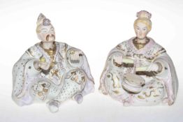 Pair bisque chinoiserie nodding head and moving hands figures, 17cm.