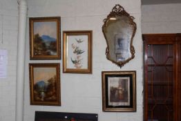 Two gilt framed mirrors, painting of birds on glass, two oil paintings, prints and frame.