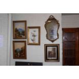 Two gilt framed mirrors, painting of birds on glass, two oil paintings, prints and frame.