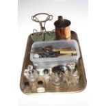 Tray lot with silver mounted bottles, Sheffield pint mug, horse waistcoat buttons, cutlery, etc.