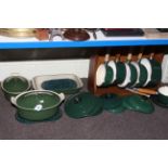 Ten piece pan set, marked Chasseur Invicta in La Creuset style and a wooden pan stand.