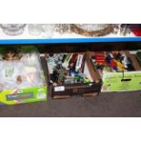 Three boxes of Diecast toy cars, aircraft and ceramics.