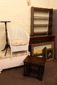 Glazed door bookcase, open bookcase, Lloyd Loom bedroom chair, ottoman, plant stand,