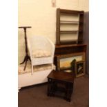 Glazed door bookcase, open bookcase, Lloyd Loom bedroom chair, ottoman, plant stand,