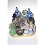 Tray lot with antique glass fly catcher, paperweights, bisque piano dolls, two part Macintyre vases,