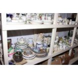 Full shelf of china and glass, costume jewellery, Aynsley teaware, anniversary clock, picture etc.