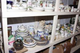 Full shelf of china and glass, costume jewellery, Aynsley teaware, anniversary clock, picture etc.