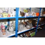 Collection of metal wares, glass, costume jewellery, wood wares, cased cutlery etc,