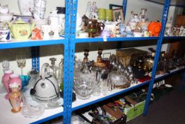 Collection of metal wares, glass, costume jewellery, wood wares, cased cutlery etc,