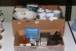 Box of commemoratives, brass button cleaner, Ringtons, inkwells with other collectables.