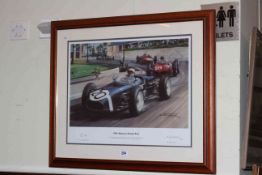 Signed print by Michael Turner of 1961 Monaco Grand Prix victory of Stirling Moss.