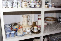 Two toilet jugs and bowls, gilt metal and glass ceiling light, glassware, shell case, etc.