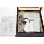 Wooden box of pre 1947 silver coins and other coinage including George III 'Canada' engraved token,