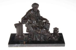 Bronze of a scholar on marble base, 34cm by 25cm by 13cm.