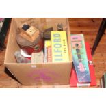Monopoly, wooden chess pieces in box, child's guitar, tins, boxes, etc.