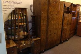 1930's three piece figured walnut bedroom suite and oak linen cupboard.