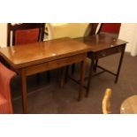 Mahogany fold over top tea table and mahogany side table with frieze drawer.