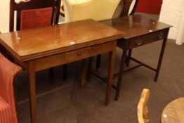 Mahogany fold over top tea table and mahogany side table with frieze drawer.