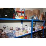 Large shelf collection of ceramics and glass including Wedgwood, Aynsley, Ringtons, Lustre, Sylvac,
