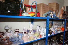 Large shelf collection of ceramics and glass including Wedgwood, Aynsley, Ringtons, Lustre, Sylvac,