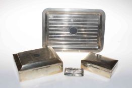 Two silver cigarette boxes, silver cigarette case and EPNS tray (4).