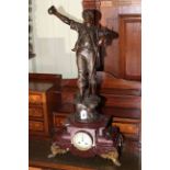 Spelter farmer figure mantel clock on marble base with gilded feet, 79cm.