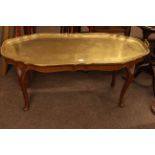 Mahogany cabriole leg coffee table with brass tray top.