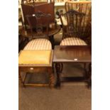 Pair of carved mahogany parlour chairs, small mahogany table and barley twist oak piano stool.