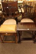 Pair of carved mahogany parlour chairs, small mahogany table and barley twist oak piano stool.